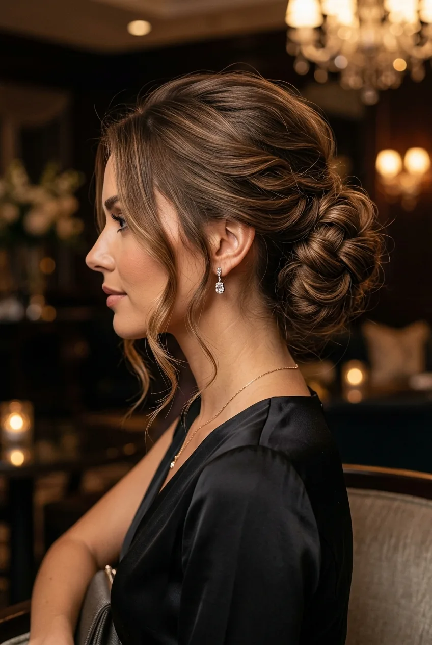 Profile view of completed elegant updo on medium-length hair with soft height and face-framing pieces