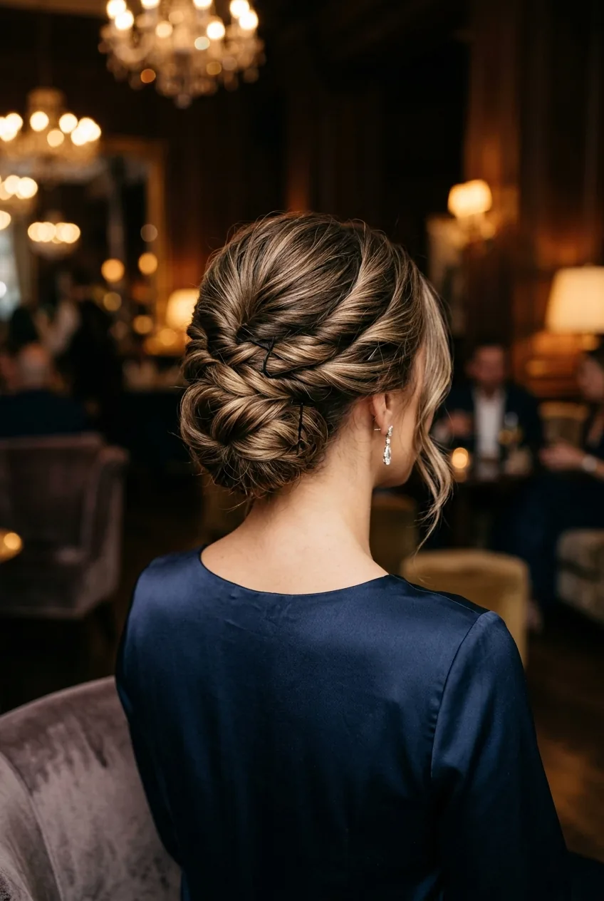 Completed sophisticated long hair updo showing twisted base with wrapped sections from behind