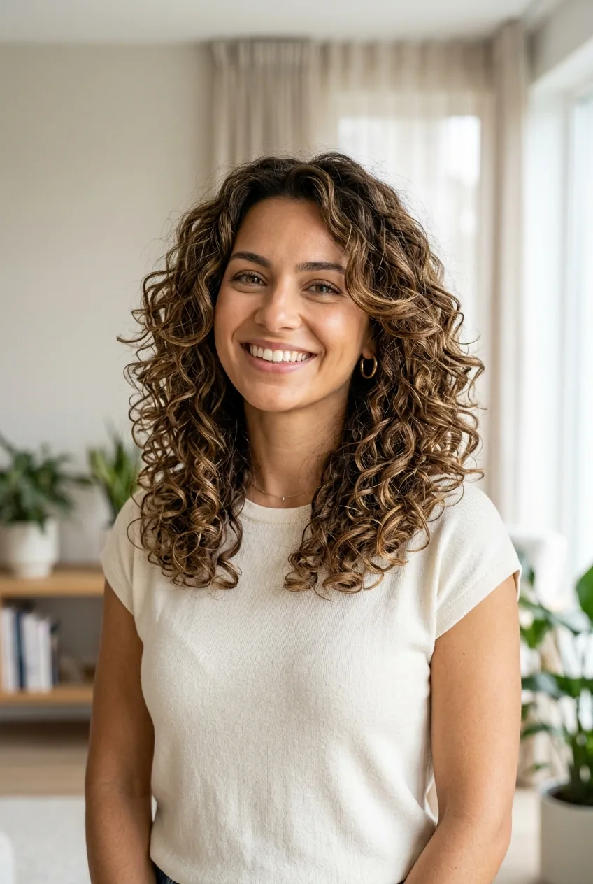Completed layered lob curly hairstyle with defined bouncy curls and perfect face-framing layers