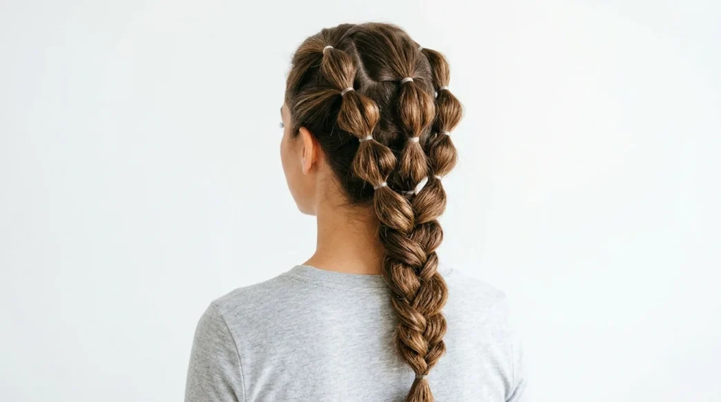 Completed rubber band hairstyle showing three twisted bubble ponytails from behind
