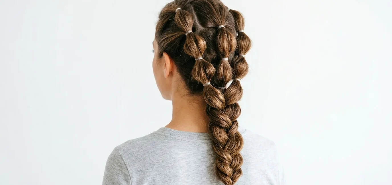 Completed rubber band hairstyle showing three twisted bubble ponytails from behind