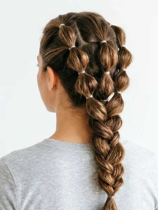Completed rubber band hairstyle showing three twisted bubble ponytails from behind