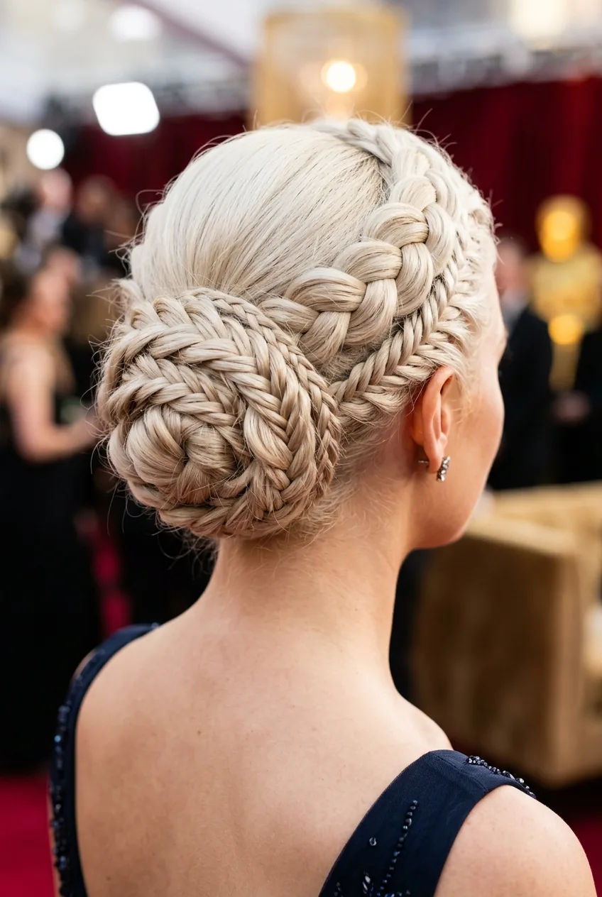 Complex crown braid combining multiple techniques into elaborate updo in platinum blonde hair