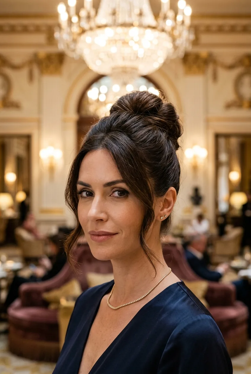 Confident high bun with face-framing pieces and sophisticated textured styling