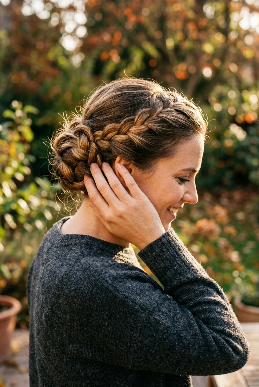Confident woman touching her completed updo hairstyle in golden hour lighting showing styling transformation
