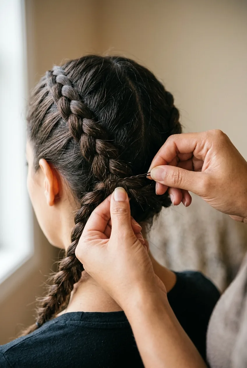 Hands securing two side braids together at back of head using bobby pins for connection