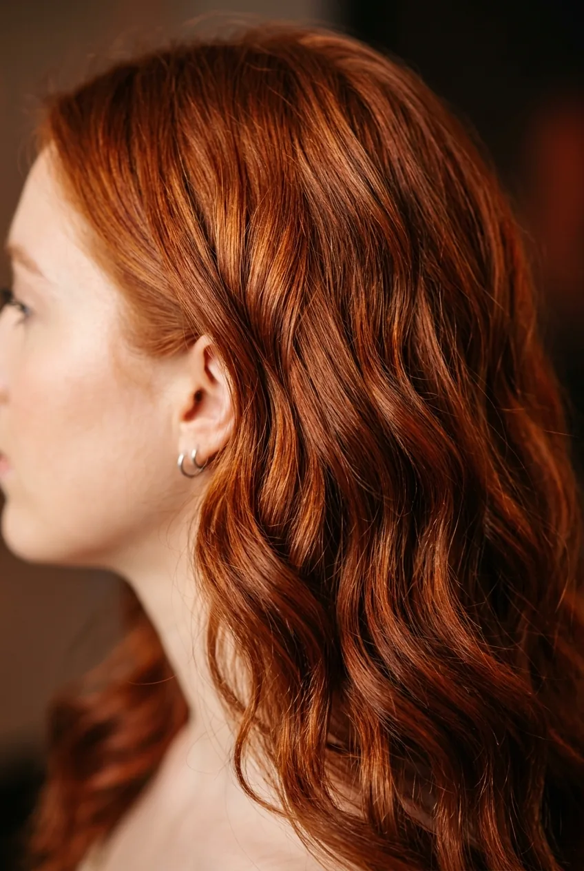 Close-up of copper penny red hair color with warm undertones and natural-looking highlights