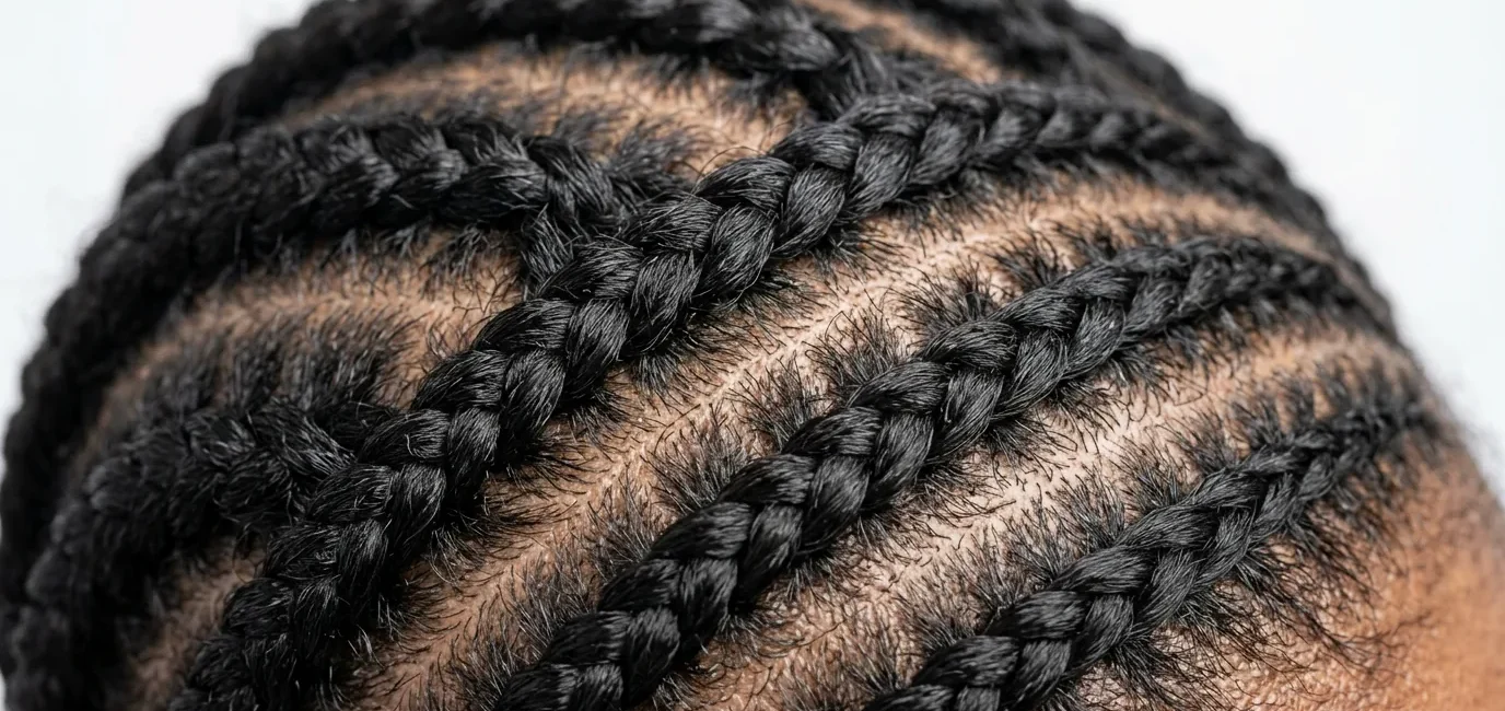 Close-up detail of multiple cornrow braids showing intricate weaving pattern in natural black hair