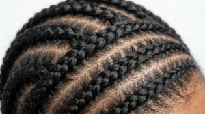 Close-up detail of multiple cornrow braids showing intricate weaving pattern in natural black hair