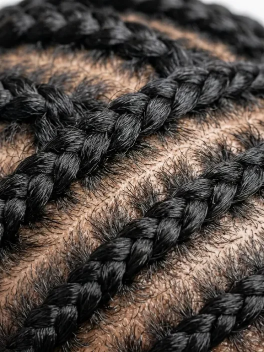 Close-up detail of multiple cornrow braids showing intricate weaving pattern in natural black hair