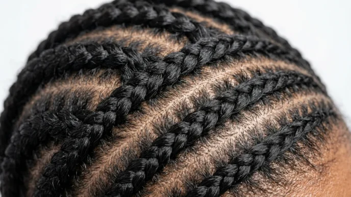 Close-up detail of multiple cornrow braids showing intricate weaving pattern in natural black hair