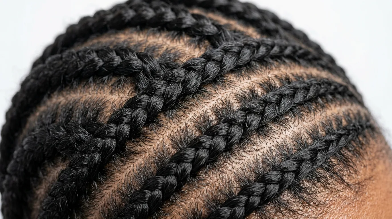 Close-up detail of multiple cornrow braids showing intricate weaving pattern in natural black hair