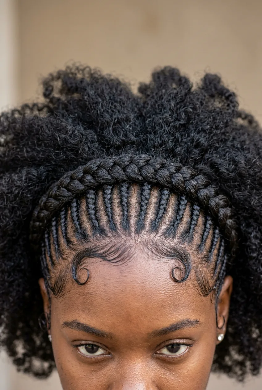 Cornrow crown around hairline with loose natural hair showing edge protection