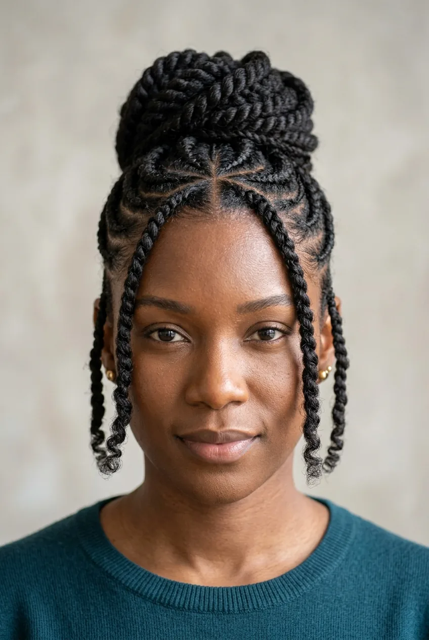 Cornrow updo with face-framing pieces on medium density hair showing protective styling