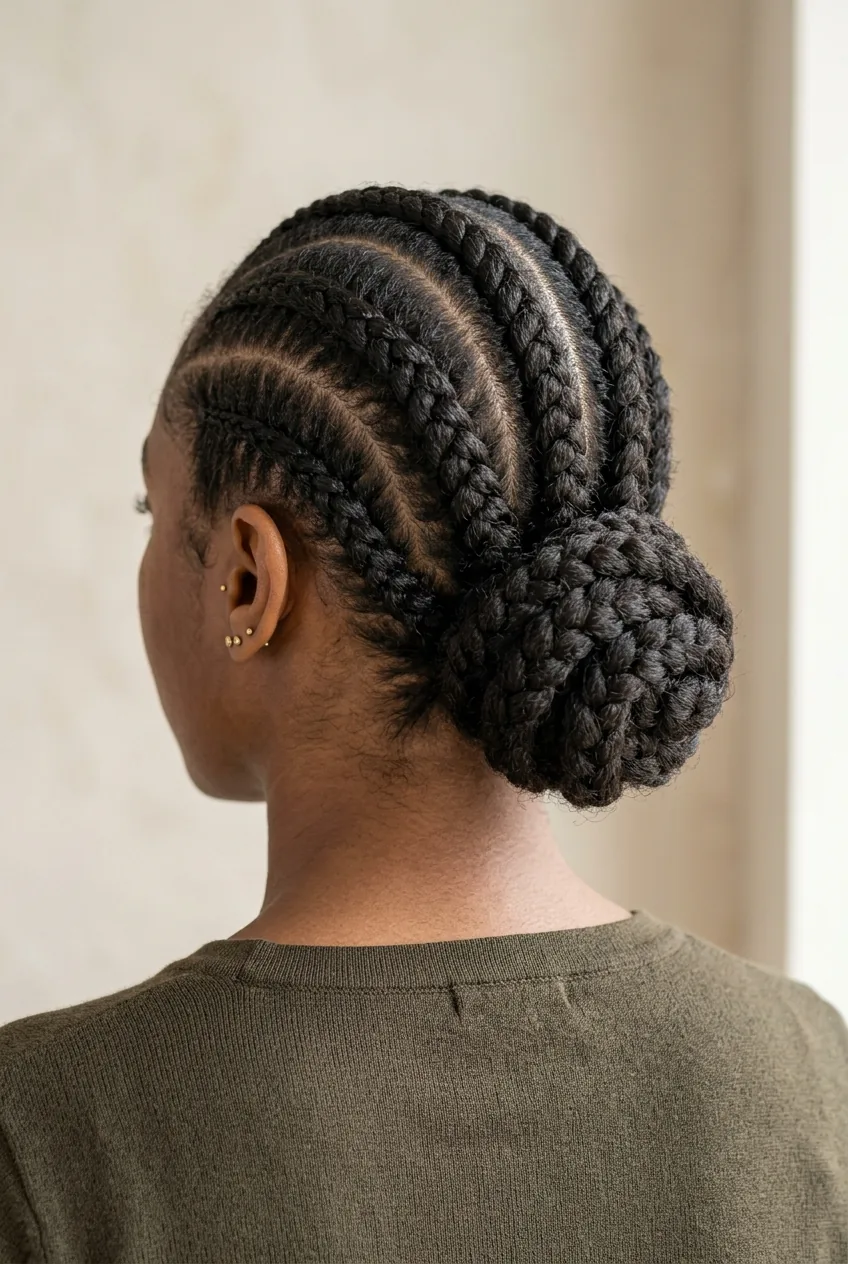 Multiple small cornrows gathered into low bun on thick natural hair showing weight distribution