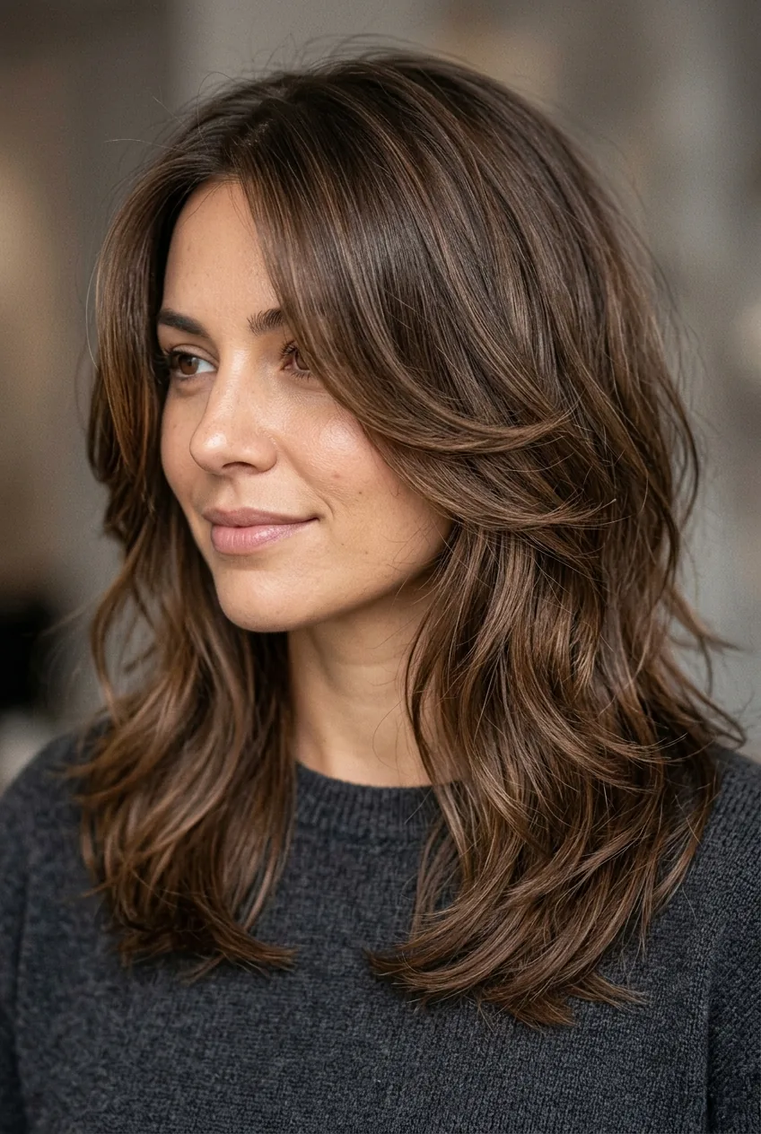 Seamlessly blended layered haircut showing corrected weight distribution and natural flow
