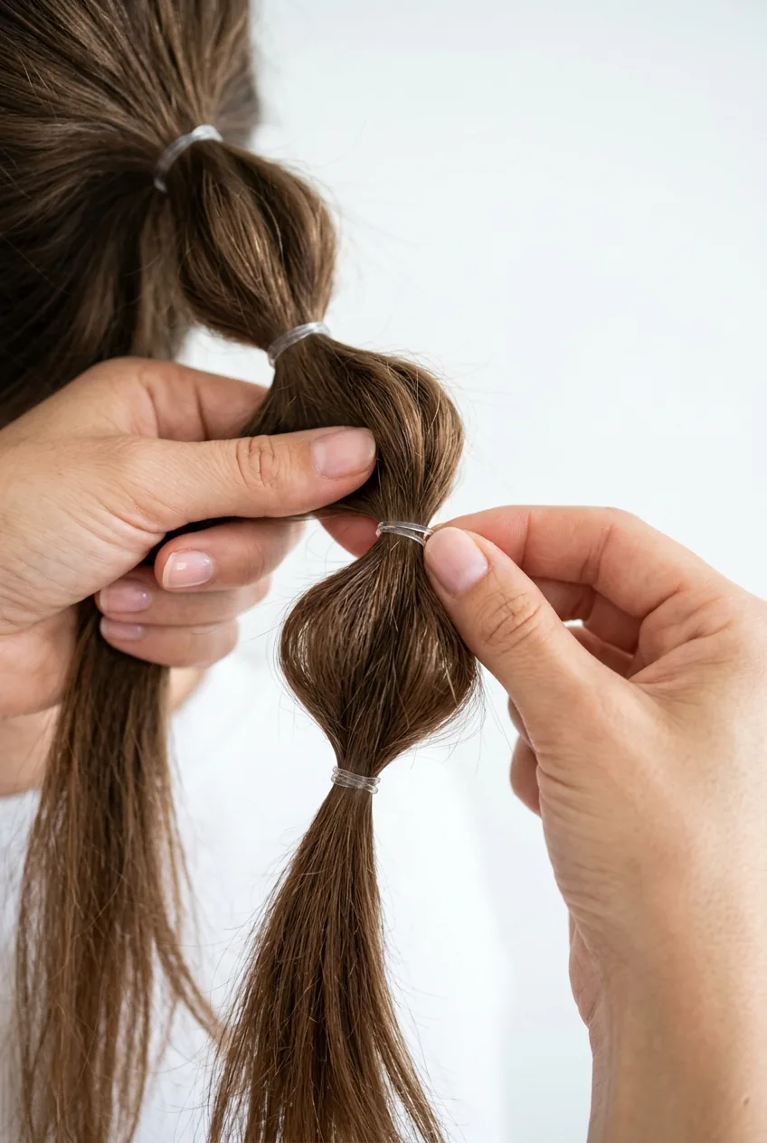 Fingers creating bubble effect by gently pulling hair sections apart between elastics
