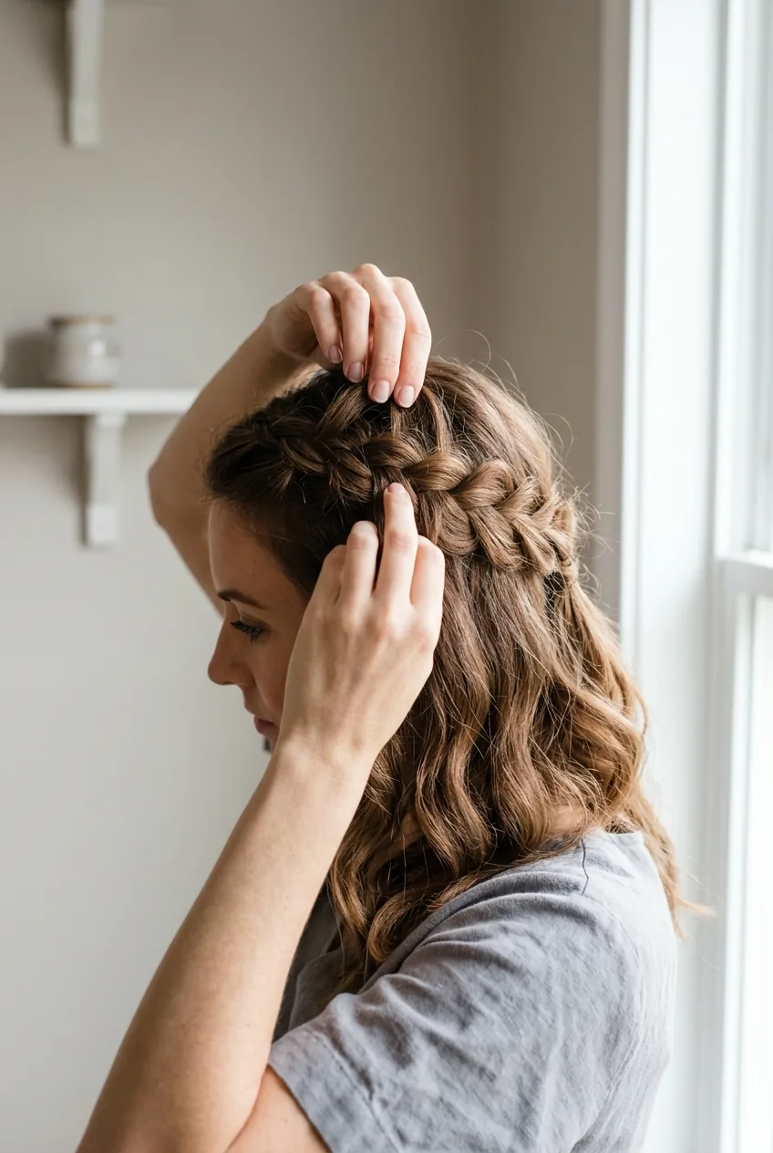 Fingers gently lifting crown area hair to create volume and texture in braided half up style
