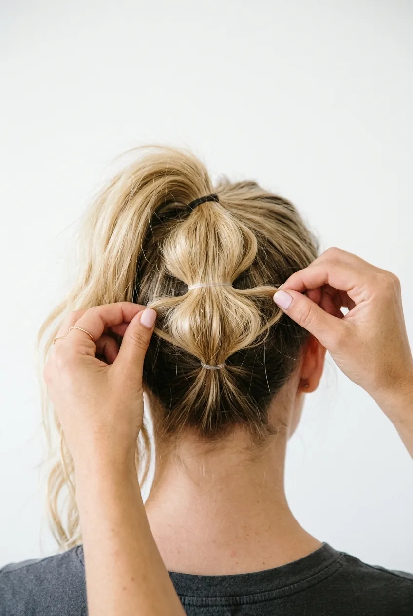 Hands gently tugging hair sections outward to create first rounded bubble shape