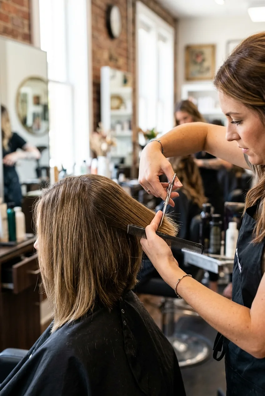 Close-up of hairstylist creating subtle angle differences in lob cut from back to front