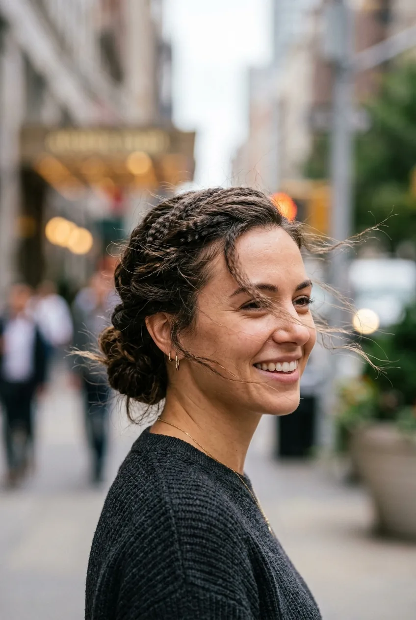 Woman with crimped textured hair twisted into sophisticated low updo