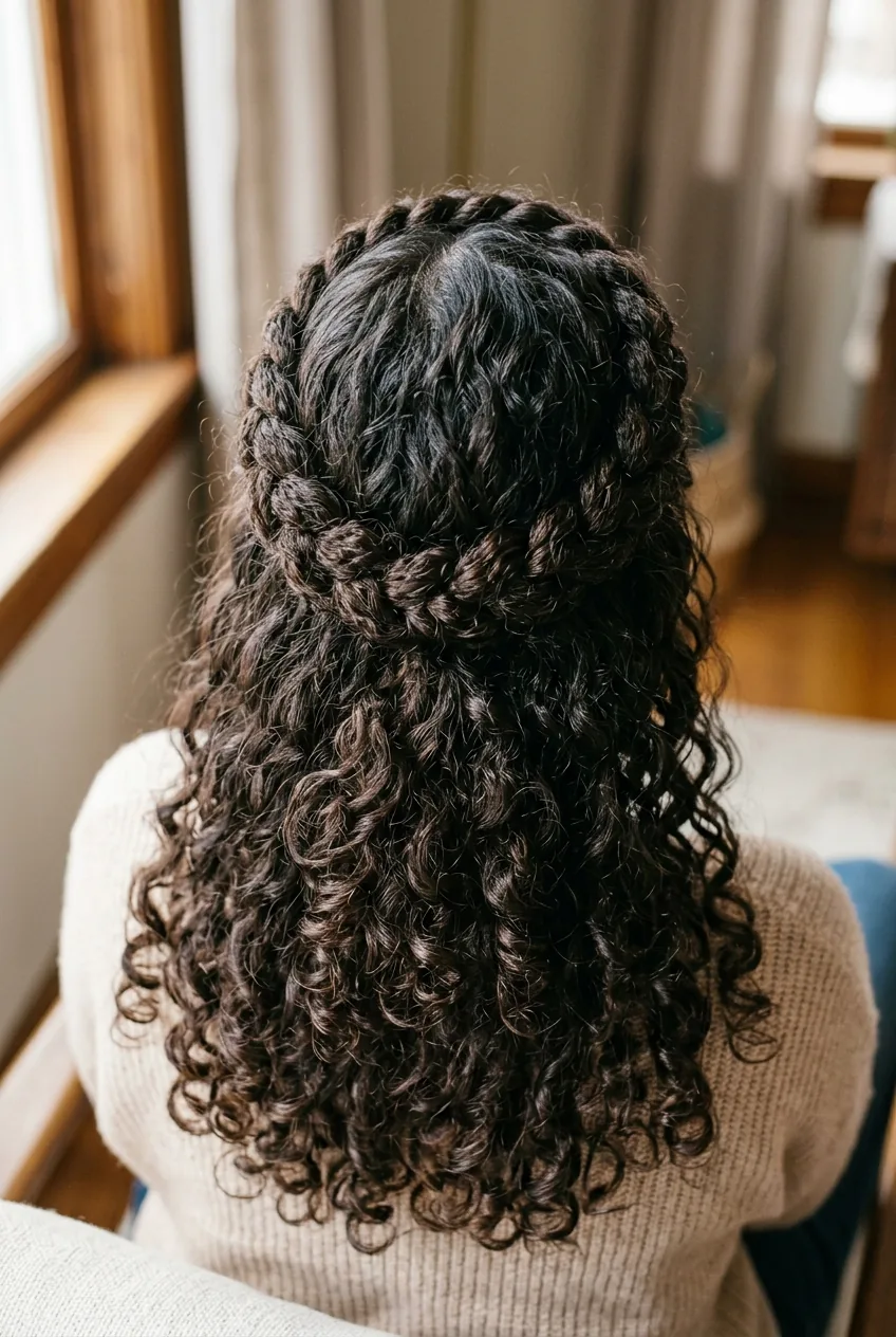 Crown braid circling head like headband with natural curls cascading down shoulders