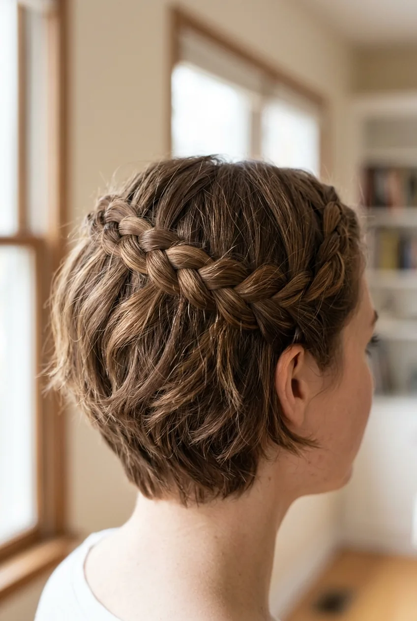 Crown braid framing face on short layered hair from ear to ear