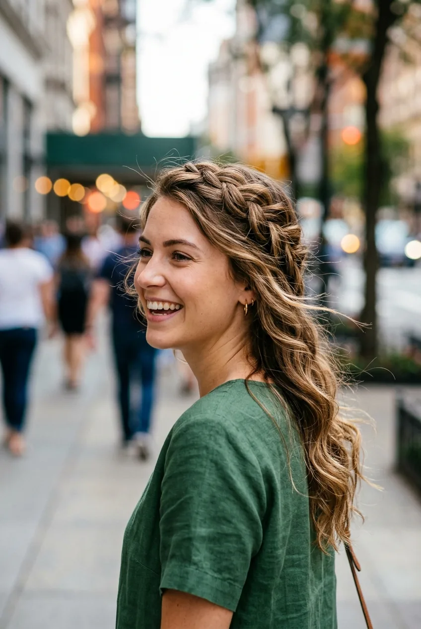 Woman with loose textured crown braid flowing into natural waves