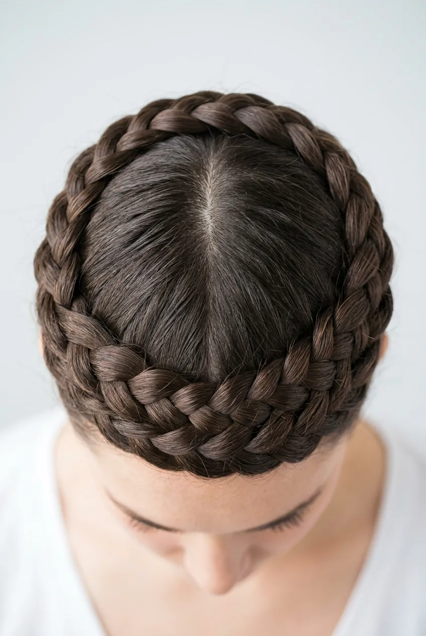 Crown braid from above showing Dutch and French techniques forming complete halo pattern