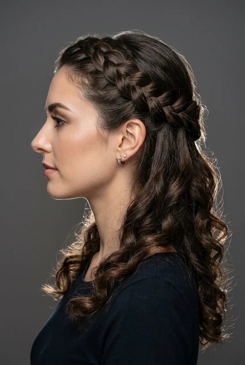 Woman with crown braid and loose curls showing braided detail along hairline from side