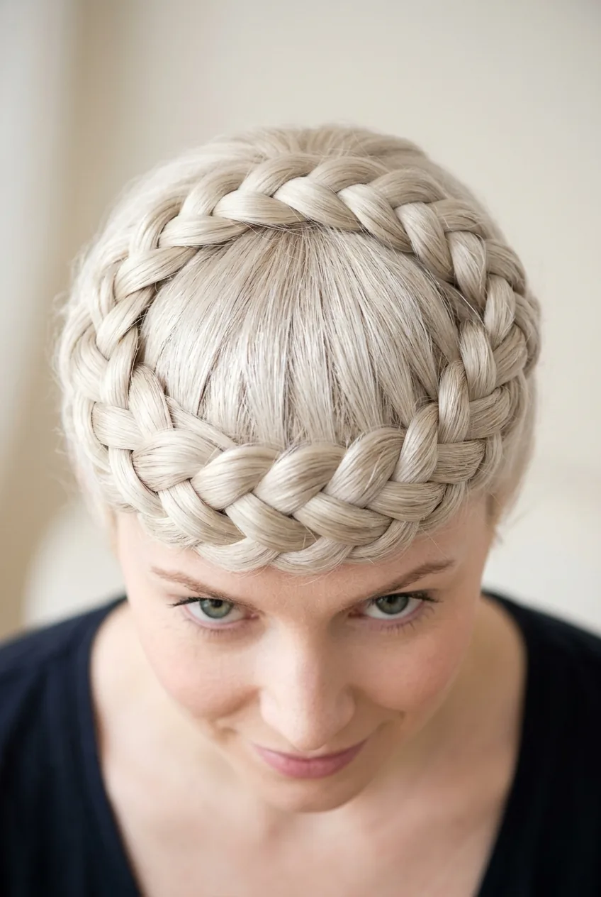 Overhead view of completed crown braid on platinum blonde hair showing circular pattern around hairline