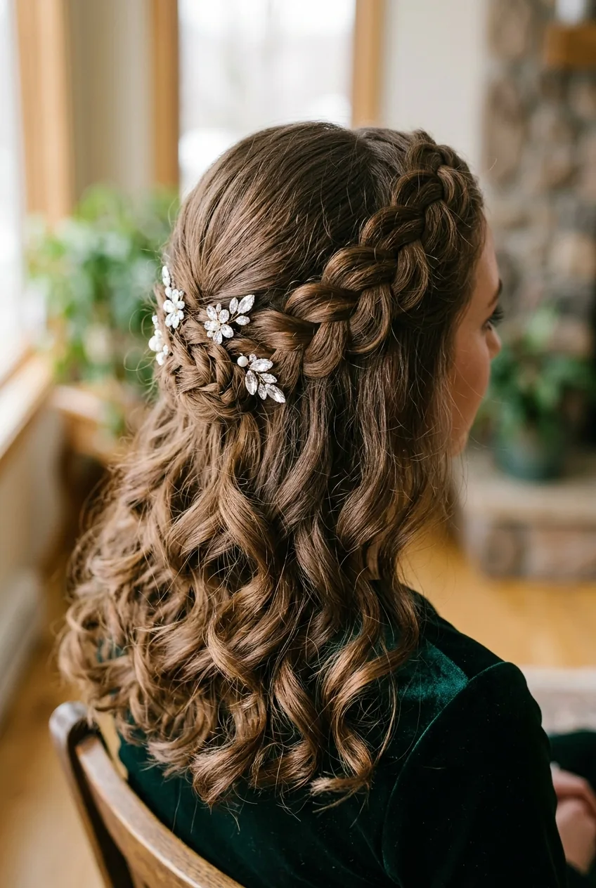 Close-up of intricate crown braid wedding hairstyle with crystal pins and flowing curls from behind