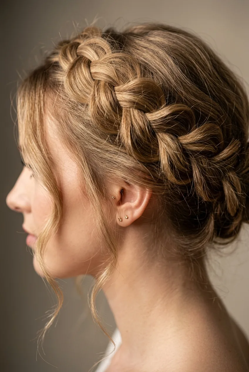 Crown braid updo with loose romantic texture flowing around the hairline in natural light