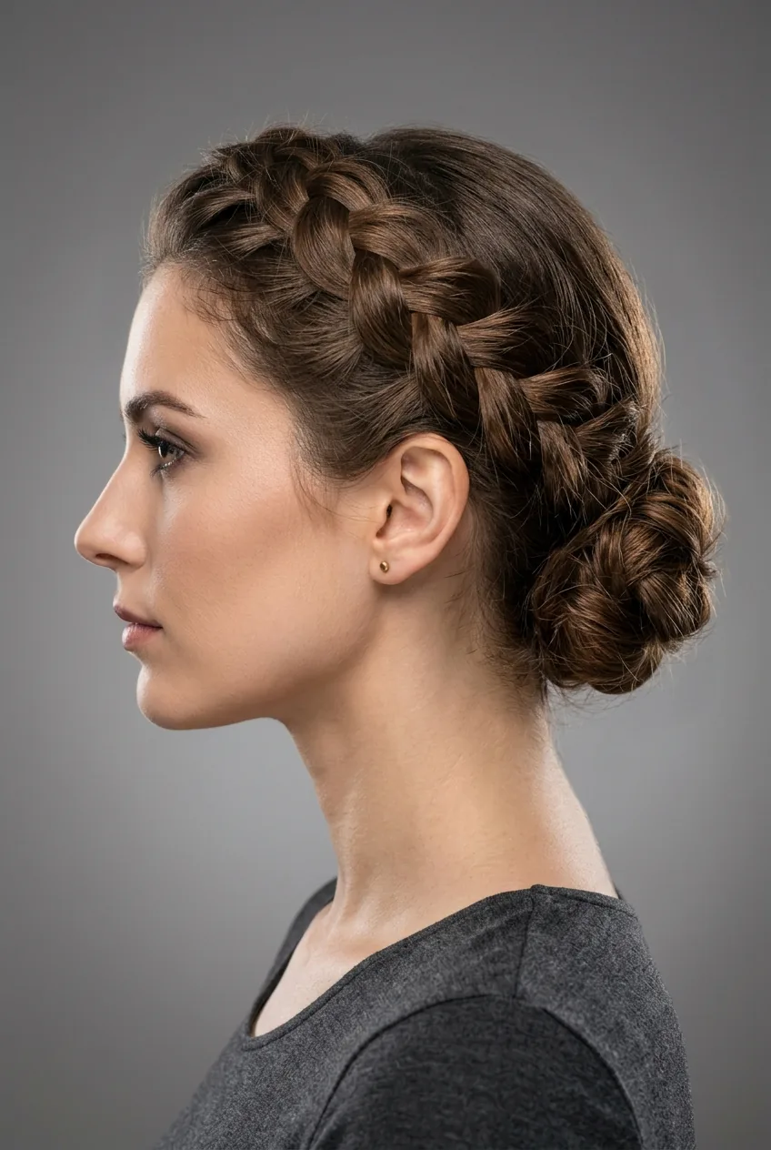 Woman with crown braid leading to low chignon updo showing textured formal styling