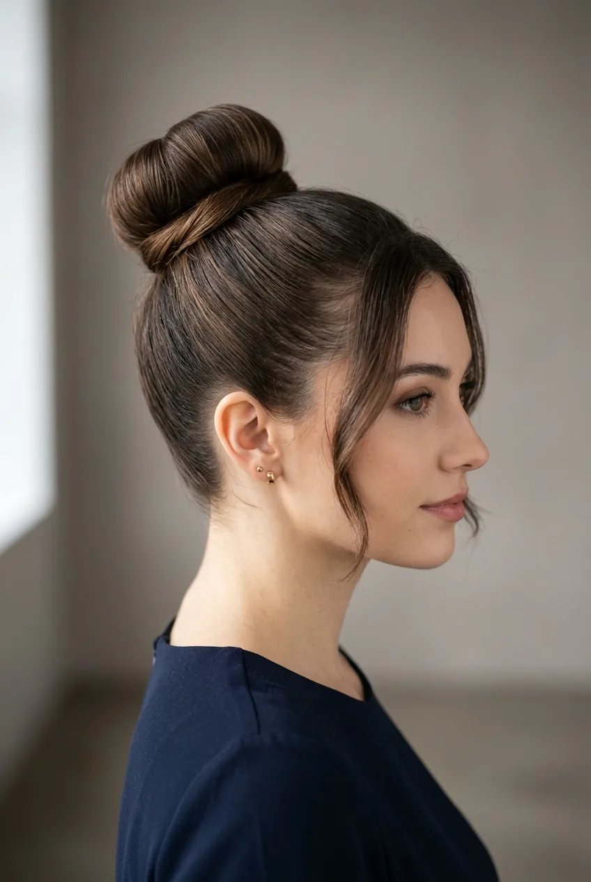 High bun positioned at crown of head with symmetrical face-framing pieces and polished finish