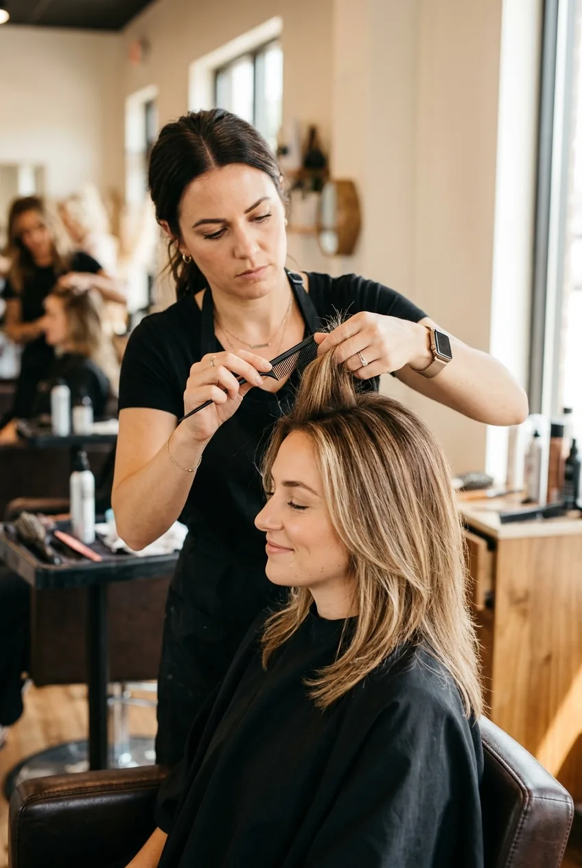 Woman having her crown area gently teased with fine-tooth comb for volume