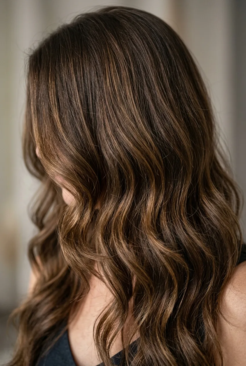 Crown view of long layered hair showing natural wave enhancement from strategic cutting