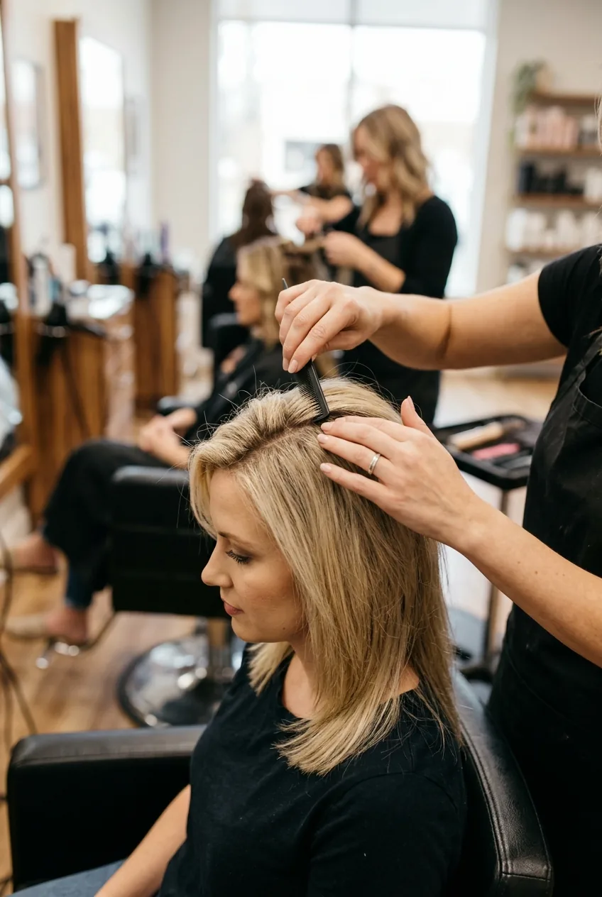 Professional demonstration of gentle teasing technique at crown area for volume building