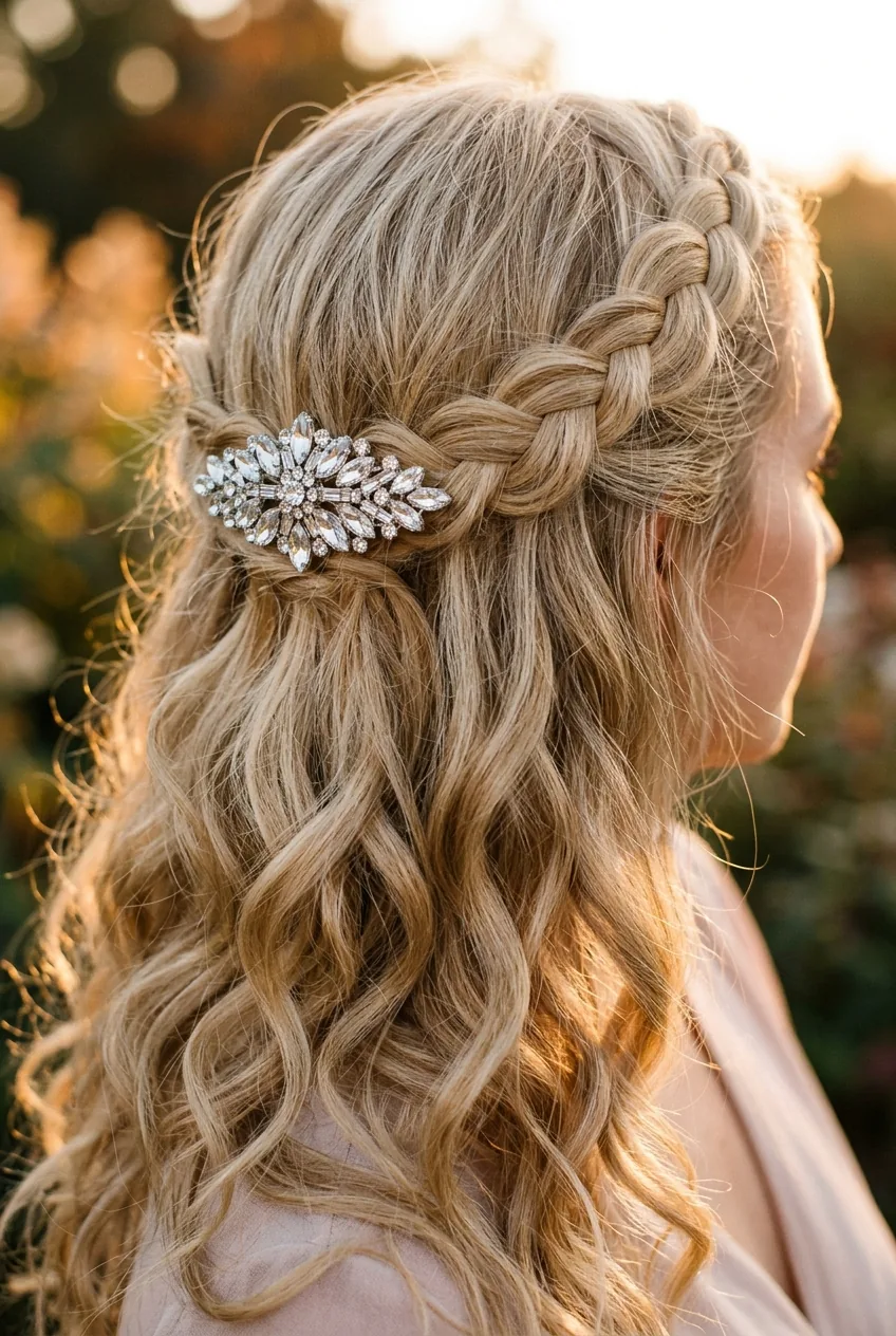 Crystal hair clip securing half-up crown braid with loose curls on fine hair