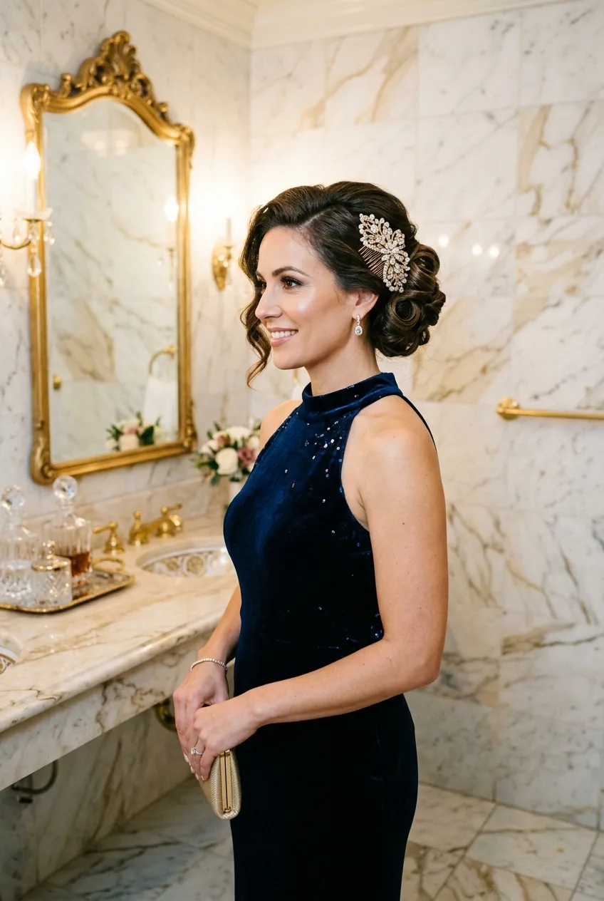 Woman with vintage crystal hair comb in formal updo, crystal details catching warm vanity lighting