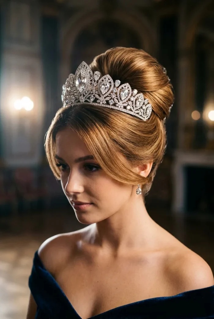 Crystal tiara in polished high chignon showing regal fairytale princess styling
