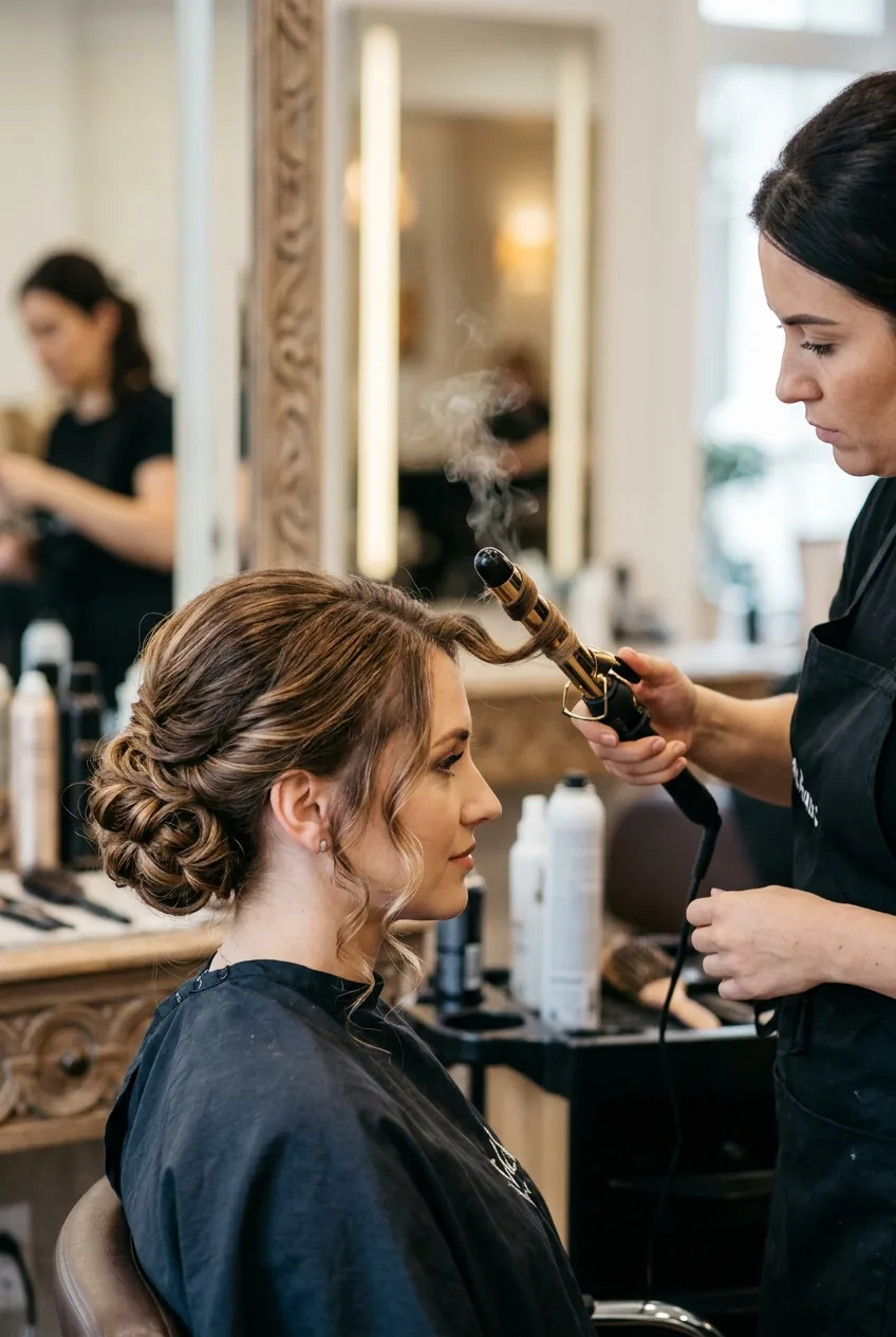 Curling iron creating loose face-framing tendrils around completed formal updo
