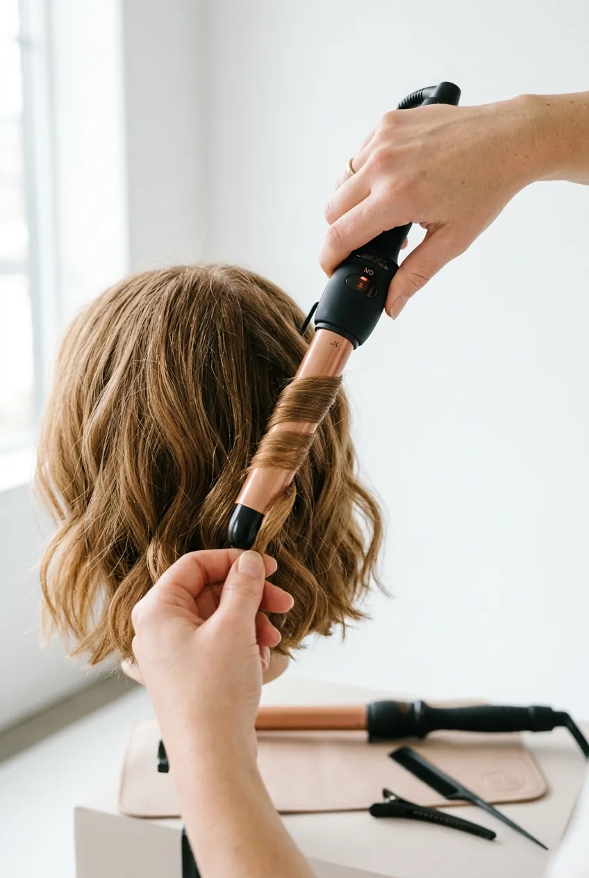 Close-up of curling iron creating loose bend in section of bob-length hair with hands visible