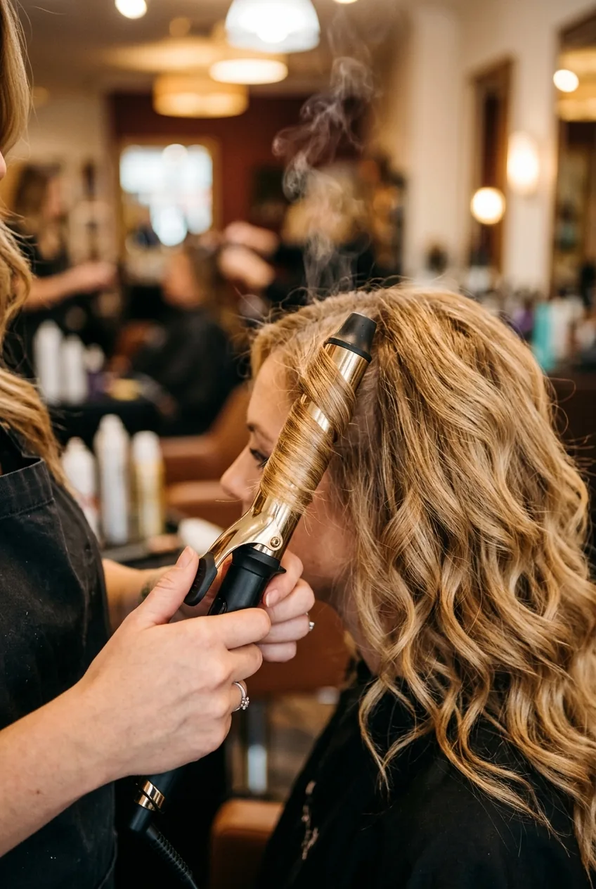 Close-up of curling iron creating loose romantic waves in woman's hair