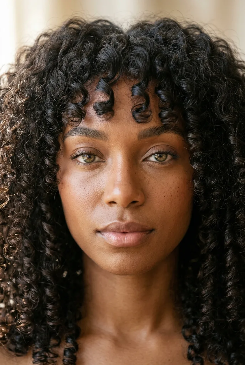 Portrait of woman with butterfly bangs on naturally curly textured hair