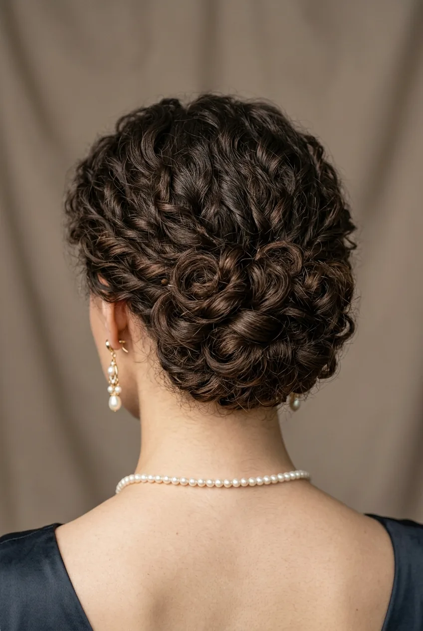 Back angle of curly Gibson tuck formal updo with vintage-inspired styling