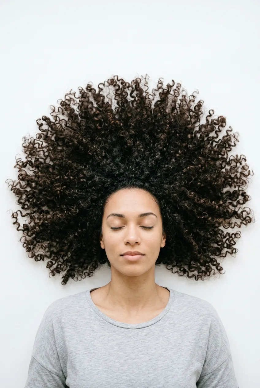 Natural curly hair spread in circular pattern showing texture and volume from overhead view