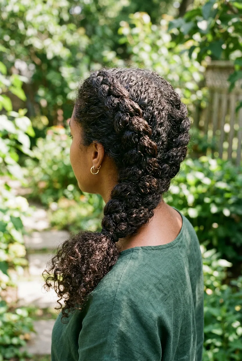 Woman with thick curly hair styled in shoulder length Dutch braid showing natural texture