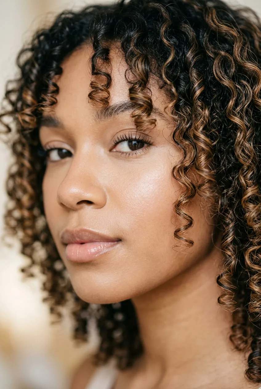 Natural curly hair with face framing layers showing defined curls around jawline