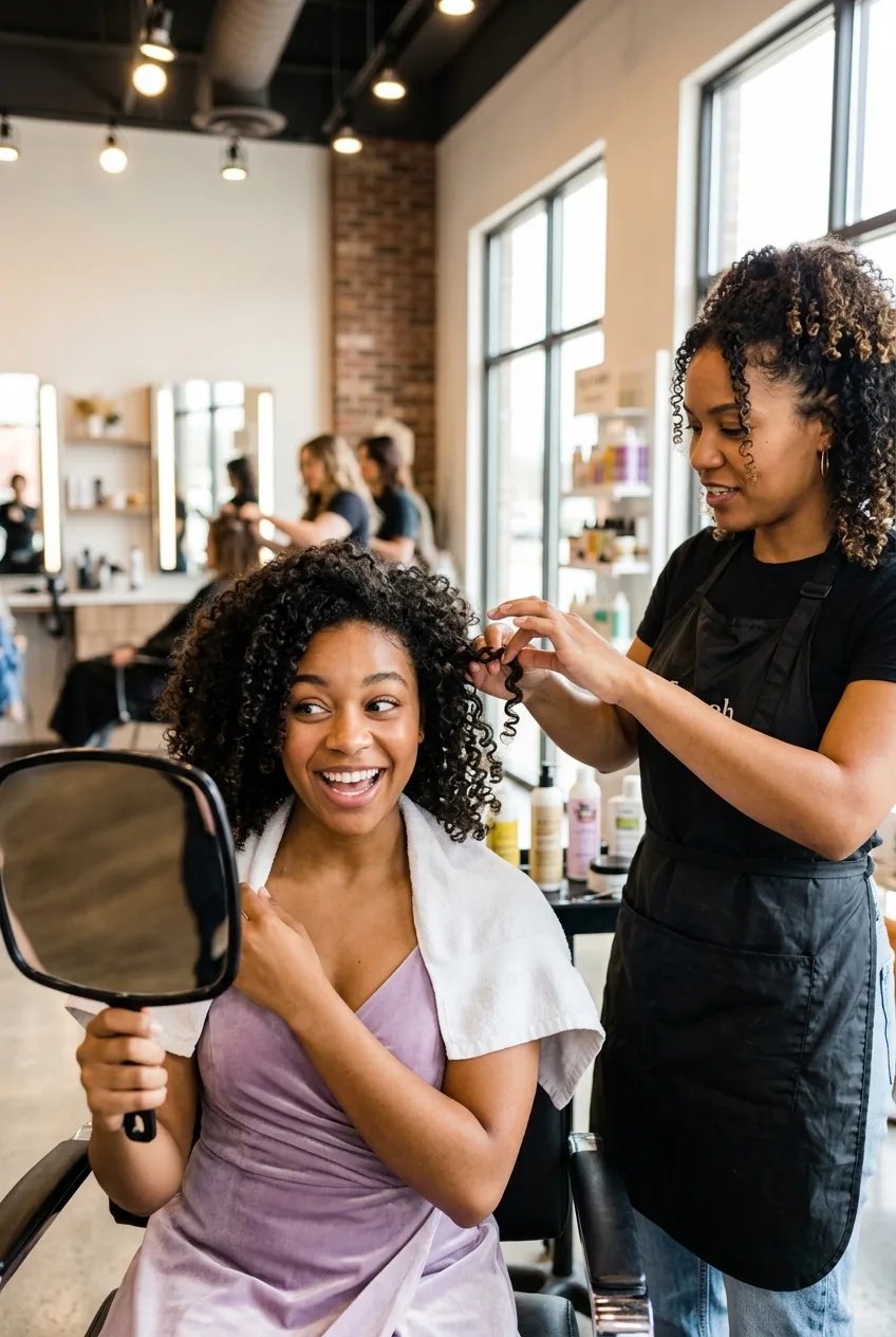 Curly-haired bridesmaid with natural texture enhanced in professional cut